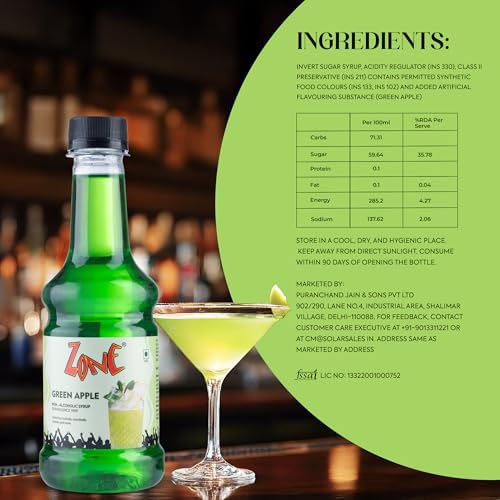 Image of Zone Green Apple flavoured syrup 300ml | Tangy Fruit Syrup | Pure Flavor for Mocktails, Cocktails, Lemonades, Iced Teas & More 12+ Flavours