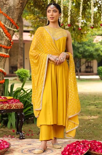 Image of Janasya Women Yellow Chanderi Silk Embellished Anarkali Kurta Set with Dupatta