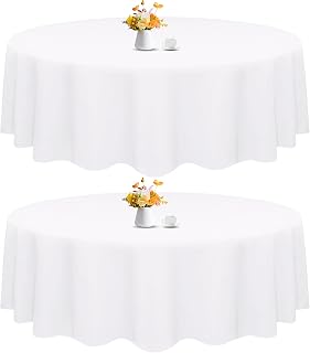 HAISIWLKJ 2 Pack 90 Inch White Round Tablecloth for Round Table Washable Reusable Outdoor Polyester Fabric Decorative Dining Table Cover for Buffet, Camping, Baby Shower, Party