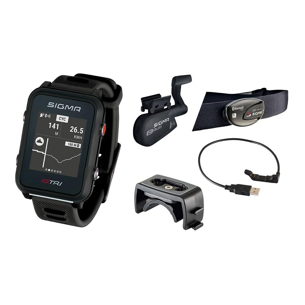 Sigma Sport iD.TRI, GPS Triathlon-Uhr mit Navigation, Smart Notifications, leicht und wasserdicht, inkl. Brustgurt, Geschwindigkeits- und Trittfrequenzsensor sowie Fahrradhalterung