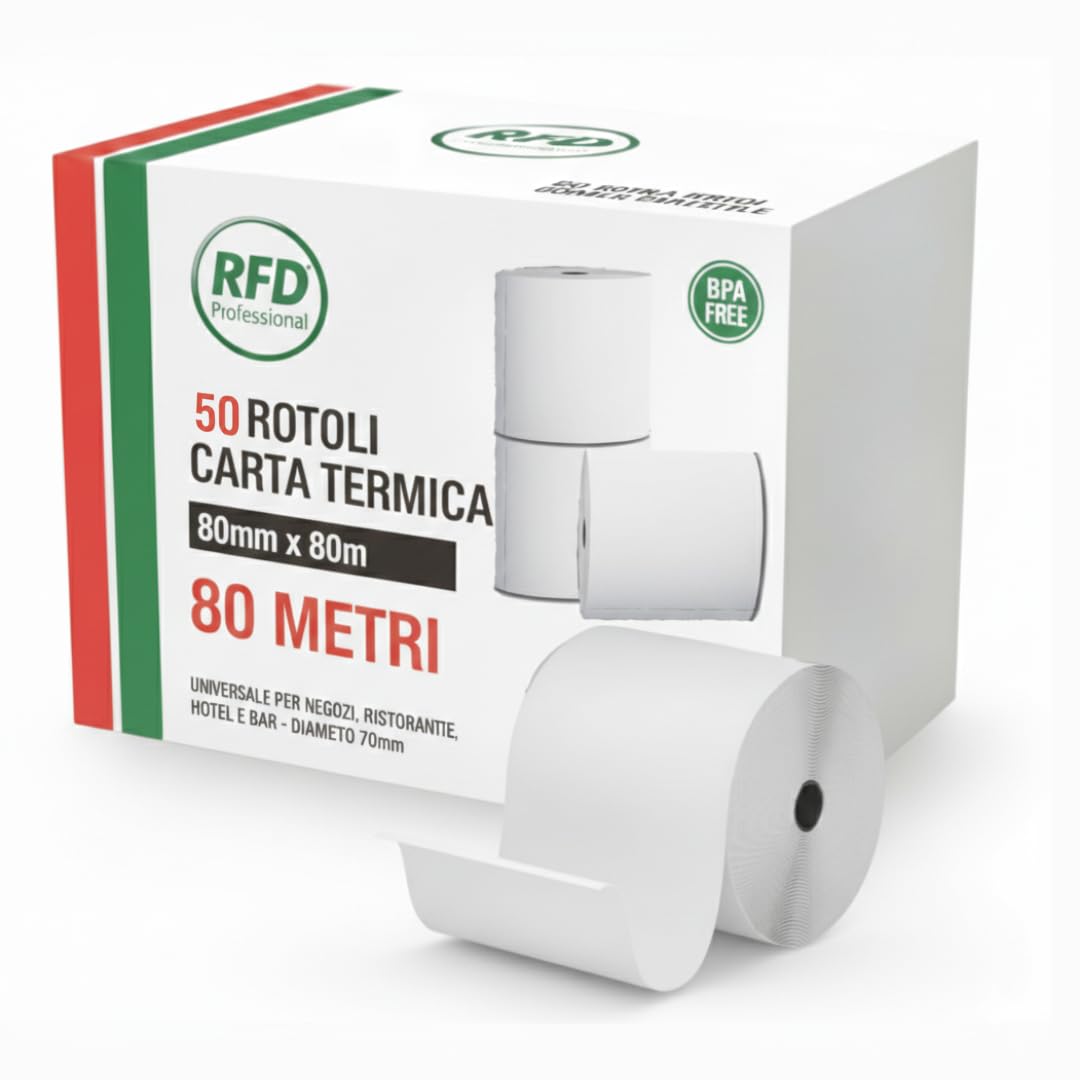 50 Rotoli Carta Termica 80x80x12mm Professionali (80 Metri) | BPA Free & Omologati | Per Registratore di Cassa RT, Stampante Fiscale, Epson, Custom e POS