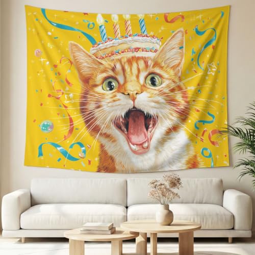Tapisserie gâteau d'anniversaire chats pour offrir une décoration de fête en format 180x230