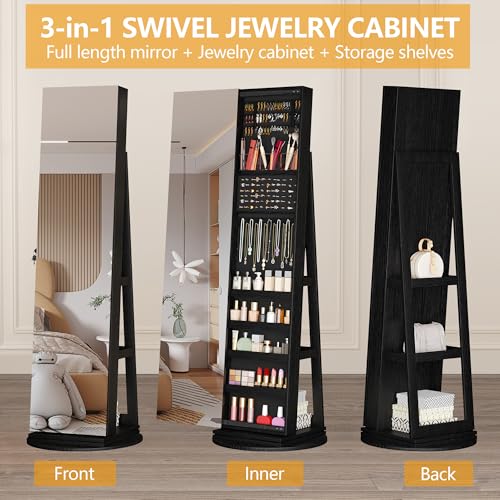 Image of LVSOMT Standing Jewelry Cabinet with Sliding Full Length Mirror, Black | 360 Swivel Mirror with Jewelry Storage, Lockable Jewelry Armoire Organizer with 3 Rear Shelves for Bedroom, Gift for Women