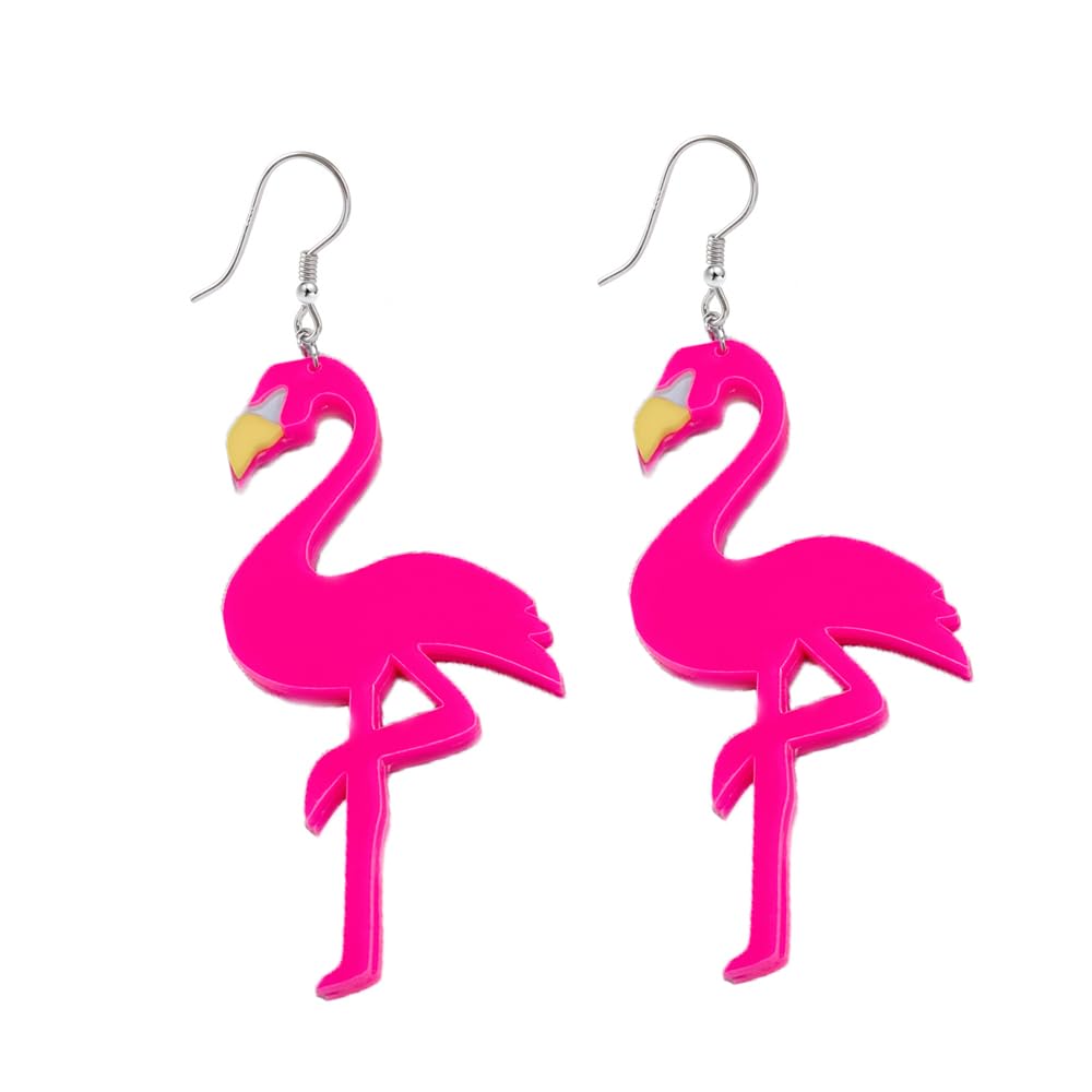 Cute Hot Pink Flamingo Long Dangle Drop Earrings for Women Dainty Lightweight Acrylic Animal Hook Statement Big Dangling Hanging Hypoallergenic
