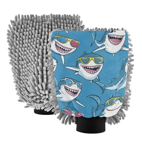 STAYTOP Cute Shark Wearing Glasses Car Wash Mitt Microfiber, 2Pcs Scratch Free Lint-Free, Premium Chenille Microfiber Mitt Car Wash Brush-L