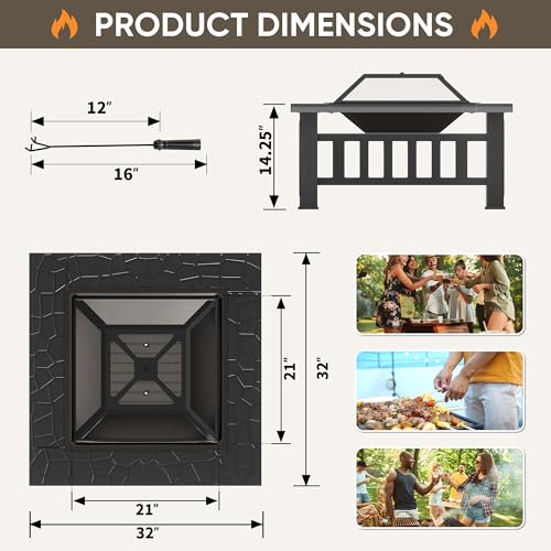 image for Greesum Multifunctional Patio Fire Pit Table, 32in Square Metal BBQ Fi