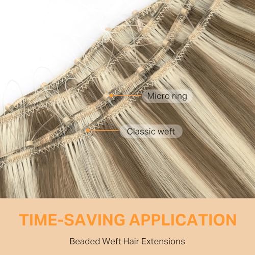 Image of DOORES Beaded Weft Hair Extensions Real Human Hair Straight, 24 Inch 120g Light Brown Highlight Medium Blone, Thick Ends Double Weft Bundles Hand Tied