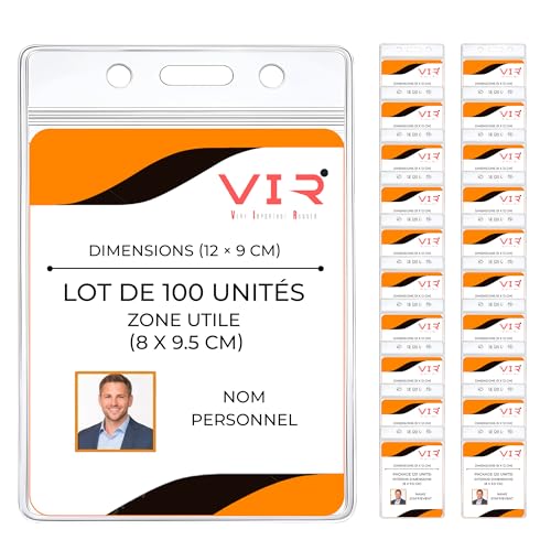 Lot de 100 Porte Badge Transparent – Pochette Plastique PVC Étanche – Bords Renforcés – Porte Carte à Suspendre pour Tour de Cou, Badge,...