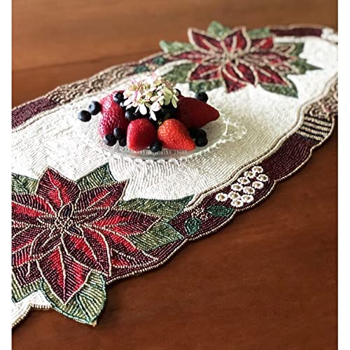 Image of MFU - Made For You Premium Glass Beaded Table Runner 13x36 Inch Cream Maroon Floral Design | Handmade Decorative Rectangular Table Runner for Dining Table, Center Table, Coffee Table, Home Decor