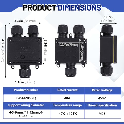 Image of 2 Pack IP68 Waterproof Junction Box, 3 Way Fully Sealed, M25