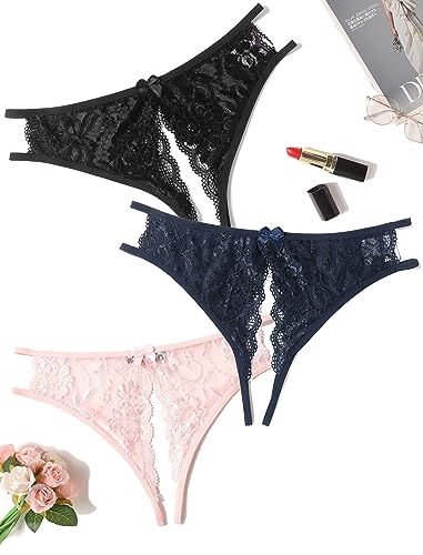 Image of Avidlove Women Lace Panties Sexy Thong Underwear Floral Lace Briefs | Womens sexy panty with Cute Bow Center Low Rise Underwear Mesh Hollow Out G-String 1-4 Pack