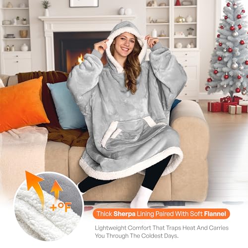 Giggling Getup Wearable Blanket Hoodie for Women Men Gifts for Women Mom Wife Sherpa Fleece Hooded Blanket Sweatshirt Warm Cozy Sherpa Wearable Throw with Pocket & Sleeves for Adult Oversize Gray