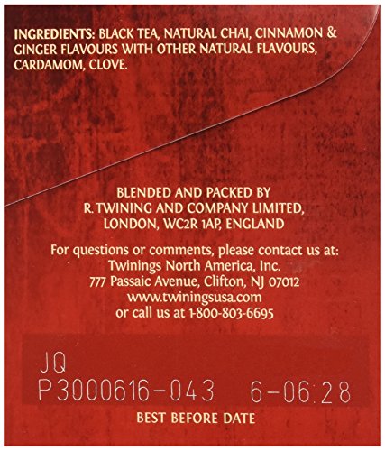 Image of Twinings Chai Black Tea Individually Wrapped Bags, 20 Count (Pack of 2), Sweet, Savoury Spices, Caffeinated, Enjoy Hot or Iced, 20 Teabags