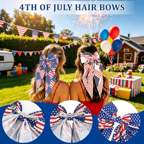 CURASA 4th of July Satin Hair Bows Para Mujeres y Niñas 4PCS Moños de Cinta con Bandera Americana Pinzas de Pelo Patrióticas Día de la Independencia Azul Blanco Estrella miniatura 4