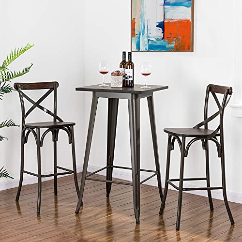 Glitzhome 43" H Rustic Steel Bar Stool With Solid Elm Wood Seat And Back Support Kitchen Bar Height Stool Chairs, Set Of 2 #TOP6