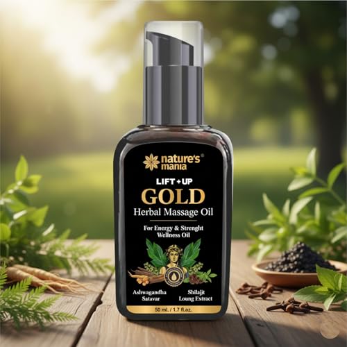 Image of Nature Mania Lift-Up Gold Oil for Men | Ayurvedic Body Massage Oil with Ashwagandha, Satawar, Loung & Musli | 50ml