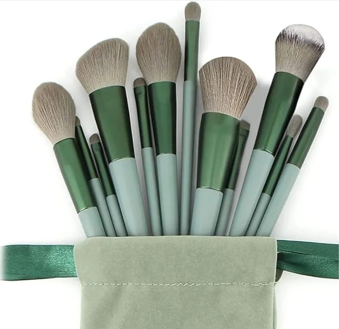 Makeup Brush Set, Green, 13 Pieces with Pouch, Professional Cosmetic Brushes-picture-33