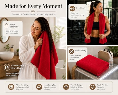 Image of 100% Pure Cotton Bath Towel for Men & Women | 380 GSM Ultra Soft, Highly Absorbent & Quick Dry Bath Towel | Large 55 x 28 Inch Matty Terry Towel for Bathroom, Gym, Travel & Daily Use | Red