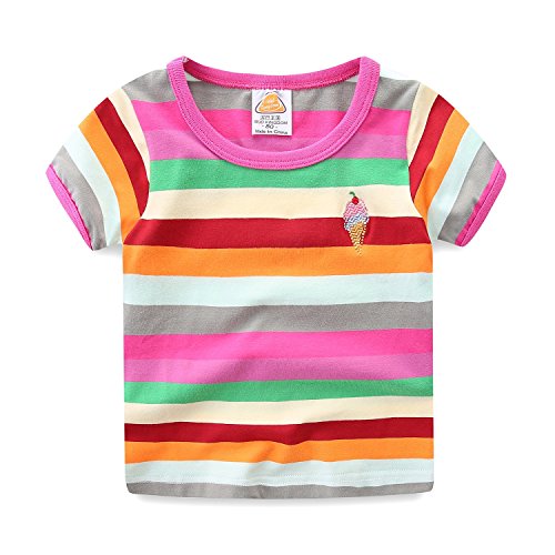 Mud Kingdom Petites Filles T-Shirts Arc en Ciel Rayures Manche Courte Rose Vif 5-6 Ans Cover