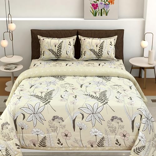 Image of Florida Cream Floral Polycotton Double Bed AC Comforter with 1 Bedsheet & 2 Pillow Covers | Lightweight Reversible 4 Pc Bedding Set