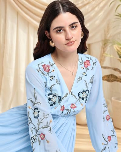 Image of Amazon Brand - INKAST Women Embroidered V-Neck Chiffon A-line Dress | Casual & Semi-Formal Everyday Office Wear | Long Sleeve | Knee Length