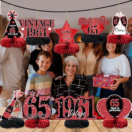 Image of 9Pcs 65th Birthday Decorations Red and Black 65th Birthday Party Decorations for Women,Happy 65 Years Vintage 1961 Aged Honeycomb Centerpieces Table Sign Decor Supplies