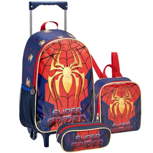 Mochila Infantil Rodinha Lancheira Térmica Estojo Kit Escolar Azul Homem Aranha Super Spider Menino Criança