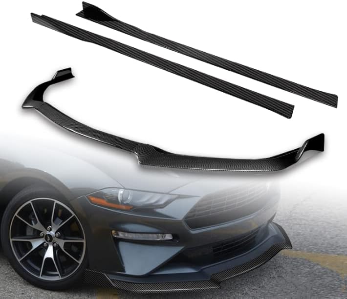 3PCS Front Bumper Spoiler Lip Compatible with 2018-2023 Ford Mustang + 6PCS Side Skirt Extension Rocker Splitters Diffuser Lip 86'' x 4'' Universal (Carbon Look)