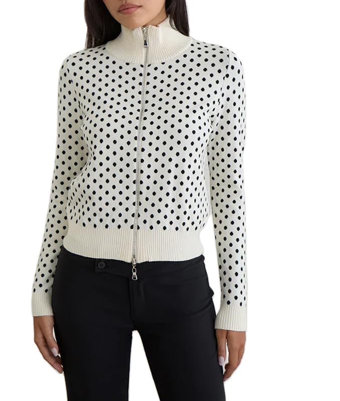 Women Polka Dot Full Zip Cardigan Sweater Knit Ribbed Dot Print Mock Neck Sweatershirt Fall Stand Collar Jacket