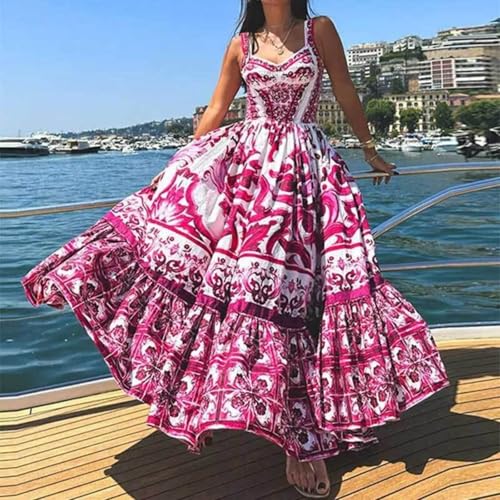New Bohemian Printed Square Neck Suspender Dress Pleated Slim high Waist Beach Vacation Fluffy Long Skirt2