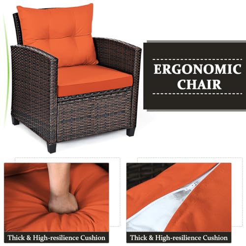 Image of Tangkula 3 Pieces Patio Furniture Set, PE Rattan Wicker 3 Pcs Outdoor Sofa Set w /Washable Cushion and Tempered Glass Tabletop, Conversation Furniture for Garden Poolside Balcony (Orange)