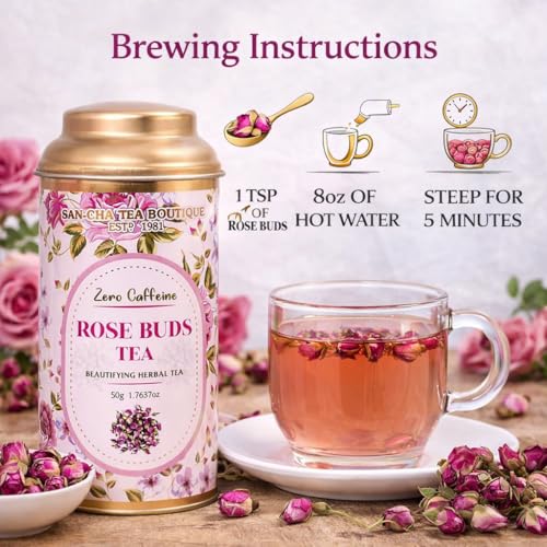 Image of Sancha Tea Boutique, Mini Rose Buds Herbal Tea | 100% Caffeine-Free Floral Tisane | Sun-Dried Young Rose Buds | Pure Botanical Infusion, 50g