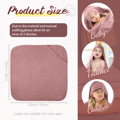 Image of VitalCozy 6 Pcs Baby Muslin Hooded Bath Towels and Washcloths, Muslin Hooded Baby Towels Absorbent Blankets for Gift Newborn Infant Shower (Mauve,Burgundy)