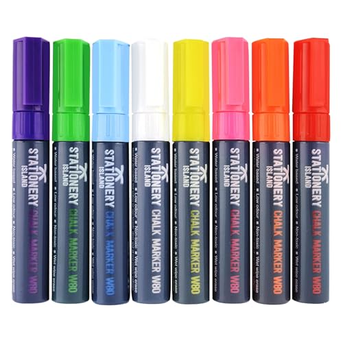 Stationery Island Marqueurs Craie W80 Pointe Large 8mm – Feutres Craie Couleurs Effaçage avec Chiffon Humide Pack de 8