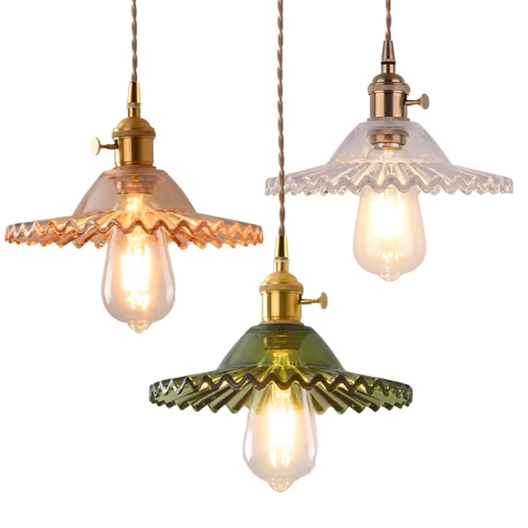 Retro Lotus Leaf Glass Pendant Light Vintage Loft Chaner with Copper Aessories Ceiling Lamp Decorative Pendent Lamp Fixture for Restaurant, Coffee Shop, Bedside