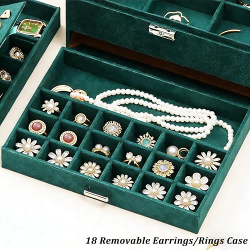 Image of Suede Jewelry Box Organizer For Women Girls,3 Layers Big Jewelry Earrings Organizer Box With Lock Drawer Women Jewelry Display Holder Storage For Earrings Bracelets Necklace Watches-Green