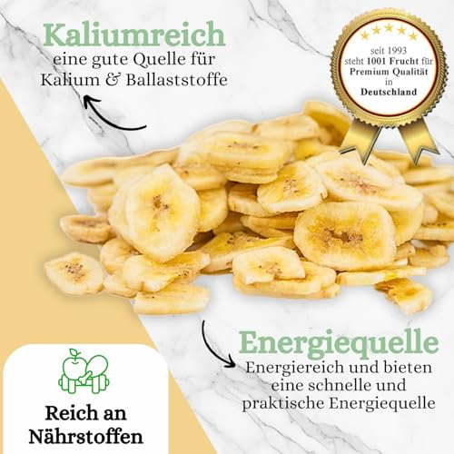 1001 Frucht - Bananenchips ohne Zuckerzusatz, 1kg, Neue Ernte, getrocknete Bananen mit Honig veredelt, geschmackvolle Chips, trockene Bananen als Trockenobst