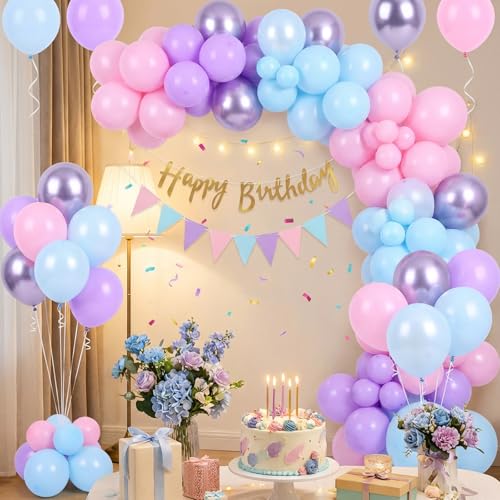 Image of RUBFAC Pink Purple Blue Balloons, Iridescent Party Balloons, 12 Inch Pastel Birthday Balloon for Girls Snowflake Princess Birthday Baby Shower Party Decoration