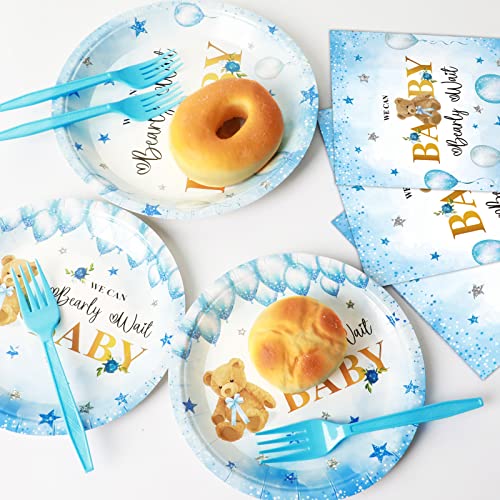 Tevxj 96PCS Bear Baby Shower Tableware Set We Can Bearly Wait Dessert Plates Bear Balloon Star Party Plates Napkins Forks for Boys Girl Gender Reveal Baby Shower Party Decorations supplies 24 guests