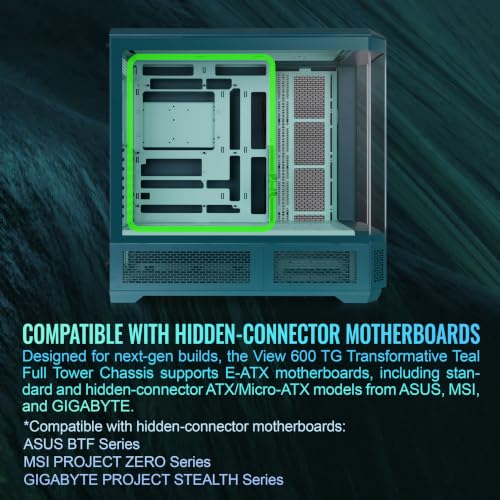 Image of Thermaltake View 600 TG; Full Tower; 420mm Radiator Support; 480mm GPU Clearance; Hidden Connector Support; Rotatable PCIe Slots; 220mm PSU Clearance; Transformative Teal; CA-11H-00FTWN-00
