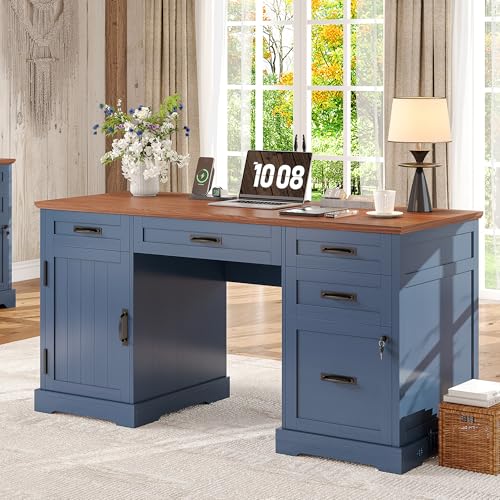 Whalefall 55'' Farmhouse Desk Home Office with Drawers, Blue