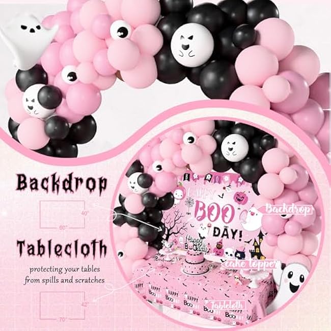 Pink Happy Boo Day Party Decorations, Halloween Birthday Party Decorations Girls, Happy Spooky Booday Balloon Garland Backdrop Ghost Spider Web Banner Topper Bat for Halloween Boo Party Supplies Girl