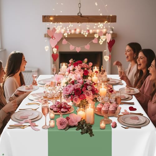 Image of Smiry Plastic Table Cloth Disposable 8 Pack, 54 x 108 Inch Rectangle Waterproof Tablecloth, Printed Gold Table Runner Style for Birthday Weeding, Party, Leakproof & Sturdy, White and Sage Green