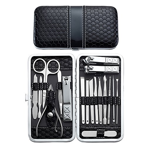 YWQ Manicure Pedicure Set Nail Clippers - 18 Piece Stainless Steel Manicure Kit, Professional Grooming Kit, Nail Tools with Luxurious Travel Case (Black)