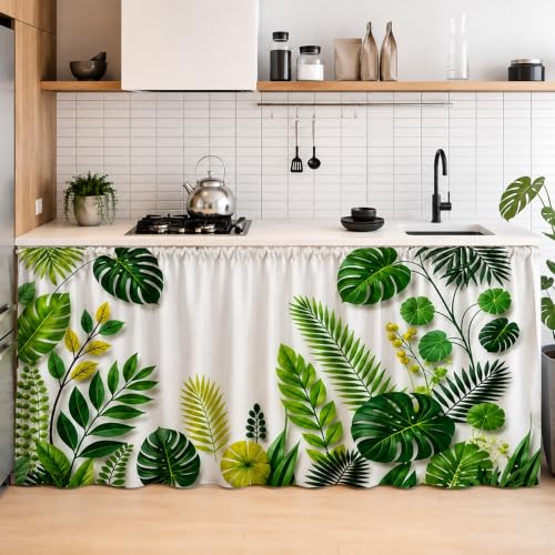 Image of Premium Printed Kitchen Sink Curtain | Washable & Dustproof Rod Pocket Counter Skirt | Perfect for Any Sink | Multicolor Cooking Theme Decor for Home & Kitchen(150cm X 70cm) (Green Paan)