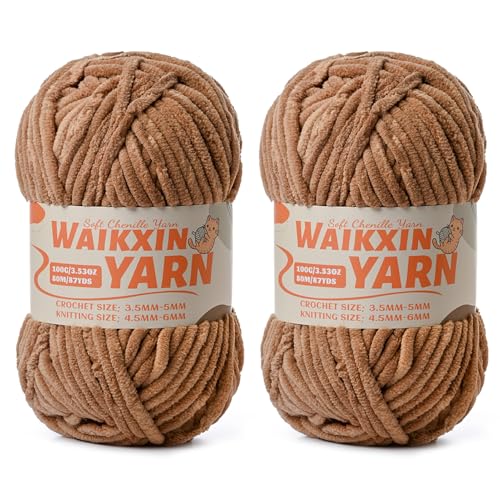Image of (2 Light Coffee) 2 Pack Super Soft Fuzzy Chenille Chunky Yarn for Crocheting, 200g (175yds) Fluffy Velvet Yarn for Hand Knitting Baby Blankets Weaving Craft