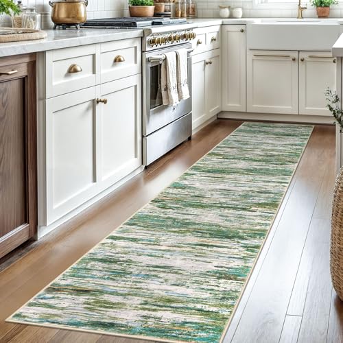 2x8 Green Grey Multi Modern Abstract Runner Rug for Hallways, Super Soft Hallway Decor Kitchen Rugs with Non-Slip, Non-Shedding Washable Rug for Entryway Bedroom Bathroom Laundry Indoor