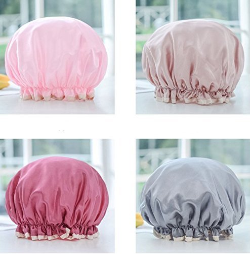 Pack of 4 Pcs Vogue Double Layer Shower Cap Fashion Lady Waterproof Lined Shower Bath Hair Cap Lady Salon Hat