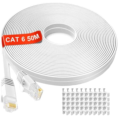 Ethernet Cable 50m, CAT6 Extra Long Flat Internet Cable 50 meter, High Speed Network Cable White, RJ45 Connector Lan Cable Compatible with Cable Cat5/Cat5e for Modem, Switch, Router, Xbox, PS5 Cover