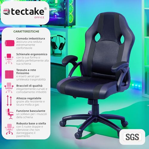 ® Sedia da Ufficio Ergonomica, Poltrona Gaming con Altezza Regolabile, Struttura Robusta, Rotazione a 360 Gradi, Meccanismo Basculante, 5 Rotelle Doppie - Nero - Sedia gaming - Immagine 3